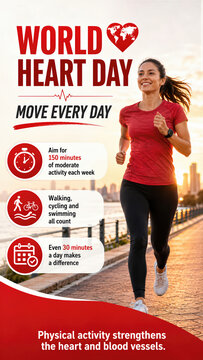 World heart day poster with woman running outdoors at sunrise. Move every day infographic with tips on physical activity for cardio health. Fitness and healthy lifestyle concept for medical awareness