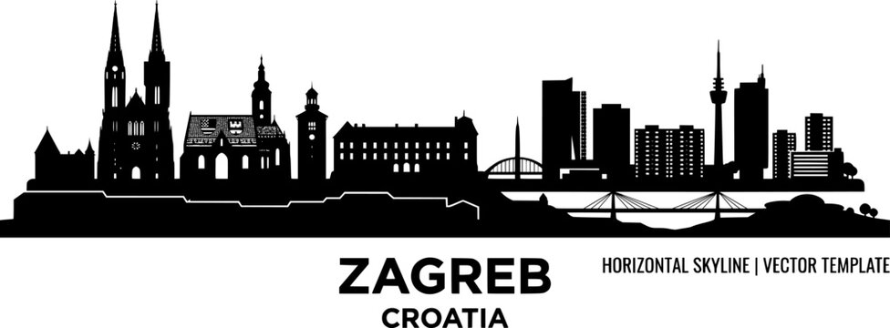 Zagreb skyline horizontal banner. Black and white silhouette of Zagreb, Croatia. Vector template for your design. 
