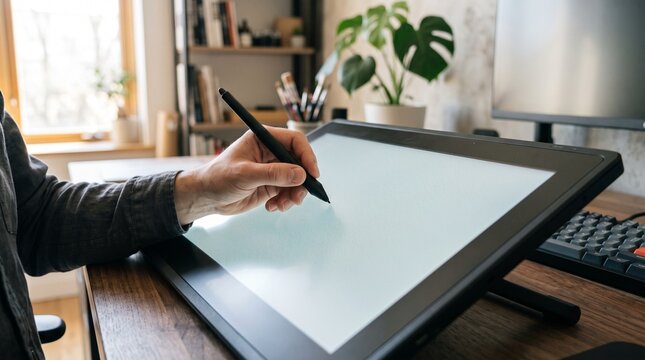 Hand using digital stylus on graphics tablet for creative design work in home office.
