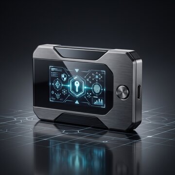 Digital hardware cryptocurrency wallet with glowing security interface on dark surface.