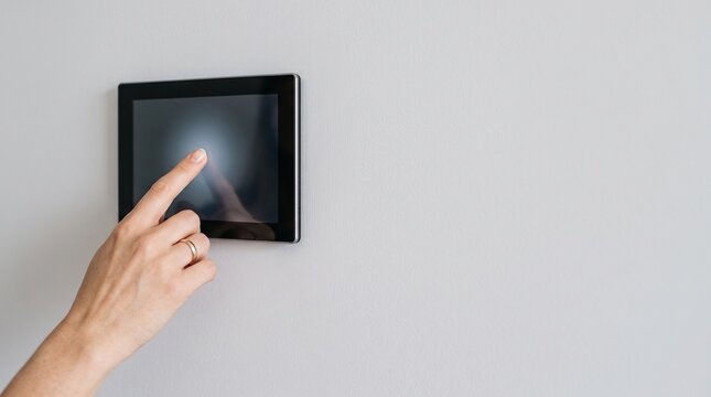 Hand touching smart home control panel on wall for automation and digital house management.