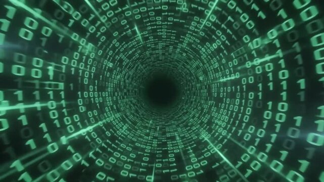 Abstract digital tunnel made of glowing green binary code numbers.