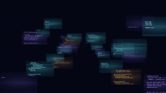 Seamless loop: translucent program code panels drift across dark digital space. Futuristic developer aesthetic: software engineering and coding for technology themes.
