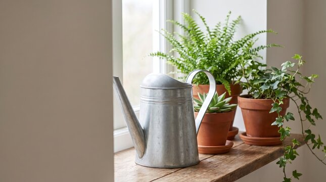 Galvanized metal watering can sitting among green potted houseplants on a wooden window sill