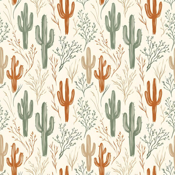 Hand-drawn desert cactus seamless pattern | Boho sage green and terracotta saguaro wallpaper | Minimalist southwestern botanical fabric design | Organic earthy tone desert plant background