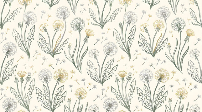 Hand drawn dandelion seamless pattern | Vintage botanical floral background wallpaper | Elegant wildflower sketch for textile design | Muted color dandelion seed head illustration