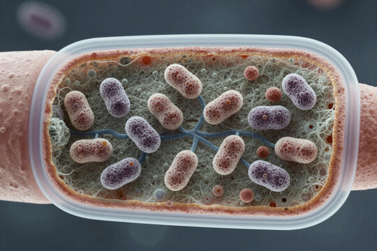 Detailed illustration of bacteria in a microscopic view showing diverse shapes and structures