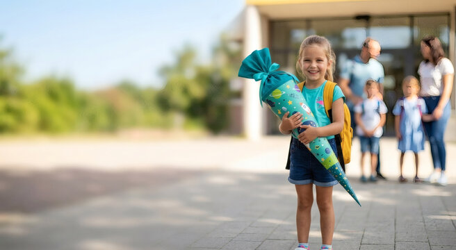 Gl&uuml;ckliches stolzes M&auml;dchen mit t&uuml;rkiser Schult&uuml;te und gelbem Schulrucksack vor Grundschule, Einschulung mit Copyspace links