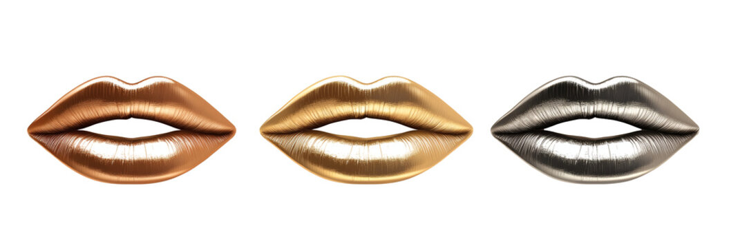 Three shiny metallic lips rendered in copper gold and silver colors presented as a set in this professional studio photograph