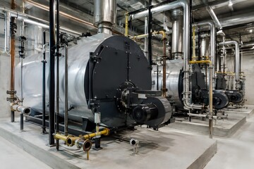 Fototapeta premium Industrial Boiler Installation Room with Unfinished Pipe Connections Around Large Mechanical Units on Concrete Foundations
