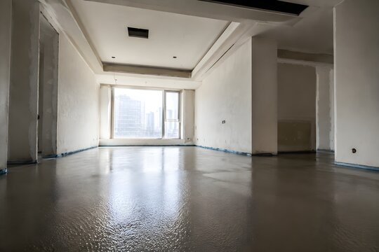 Hotel Room Construction with Fresh Floor Screed Smooth Unfinished Walls Open Ceiling Recesses and Light