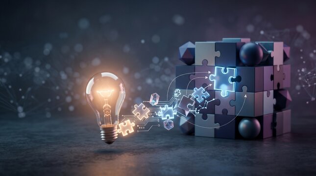 Glowing light bulb connected to a complex puzzle cube representing creative business solutions