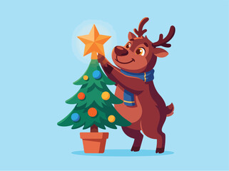 Naklejka premium Reindeer placing star on Christmas tree