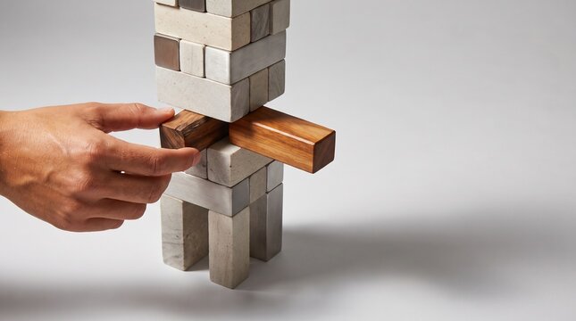 Hand removing a wooden block from a precarious tower in a strategy game concept
