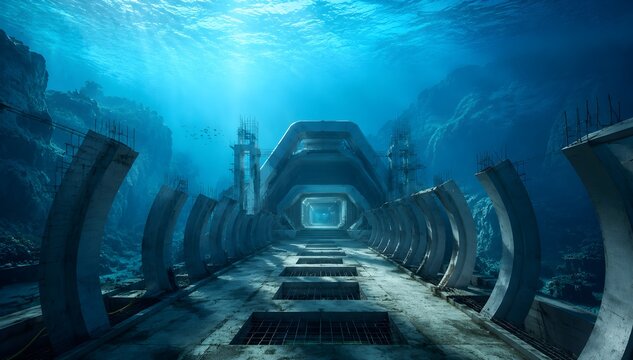Futuristic Underwater Pathway Construction Leading Toward Geometric Marine Station Entrance Framed by Unfinished Structural Elements