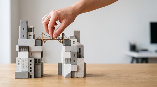 Hand placing a small bridge between two miniature architectural building models on a wooden table