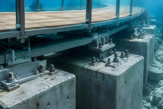 Undersea Walkway Construction on Heavy Foundation Blocks with Exposed Bolt Patterns and Alignment Plates Visible