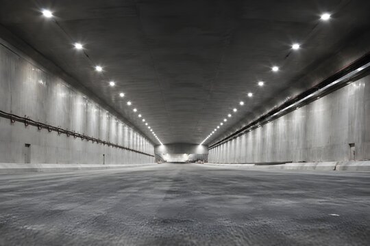 Highway Tunnel Construction with Newly Installed Ceiling Lights Above Immaculate Unfinished Roadway and Modern Infrastructure