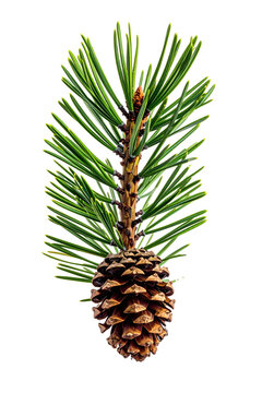Pine cone with green needles isolated as a single botanical element for winter holiday decoration designs featuring sharp detailed textures&nbsp;&nbsp;
