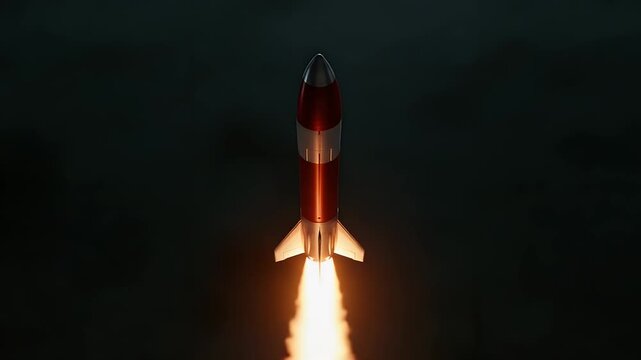 Powerful red rocket ship flying upwards through the dark night sky while leaving a bright trail of fire and smoke behind its thrusters during a successful space launch