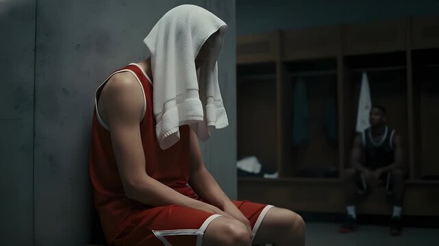 Exhausted young basketball player sitting alone on a wooden bench inside a dim locker room with a white towel draped over his head after a very difficult game
