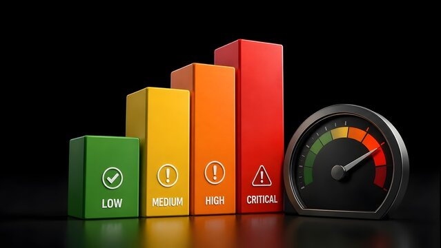3D Bar Chart and Speedometer Gauge Showing Risk Severity Levels from Low to Critical on Black Background