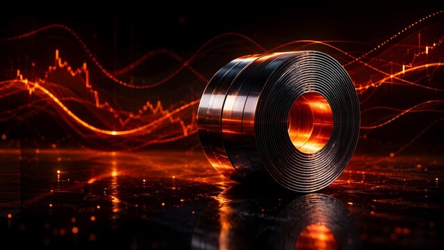 Heavy Metal Coil on Dark Reflective Surface Surrounded by Glowing Orange Stock Market Charts and Trading Graphs