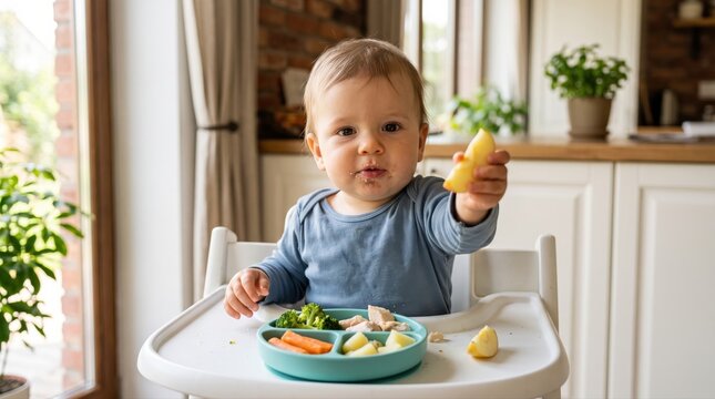 Adorable baby learning independent feeding, enjoying a nutritious meal of vegetables, chicken, and fruit in a high chair. This promotes healthy child development and modern parenting.