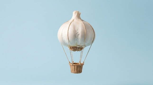 A creative garlic hot air balloon artfully floats against a pastel blue backdrop. This imaginative culinary concept emphasizes healthy eating, fresh ingredients, and unique diet ideas.