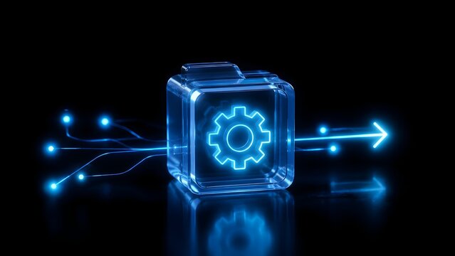 Glowing Blue Glass Folder with Gear Icon and Light Trails Representing Digital Data Processing and Automation Concept