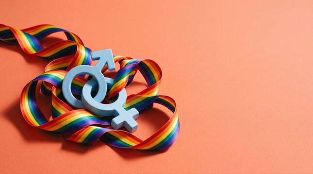 Intertwined male and female gender symbols with a vibrant rainbow ribbon symbolize LGBTQ+ diversity and equality. This visual represents inclusion, personal identity, and community support.