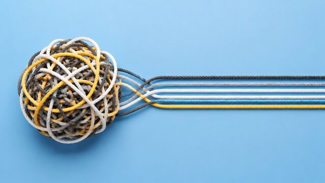 Conceptual image of a tangled knot of ropes being untangled into straight lines