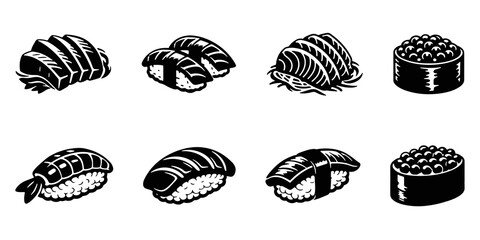 Sushi and Nigiri Vector Icon Set with Japanese Seafood Cuisine Symbols. Vector Illustration. © kontri