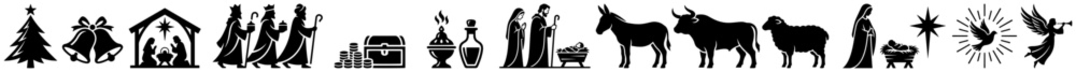 Naklejka premium Christian nativity collection featuring holy family and three wise men in silhouette style