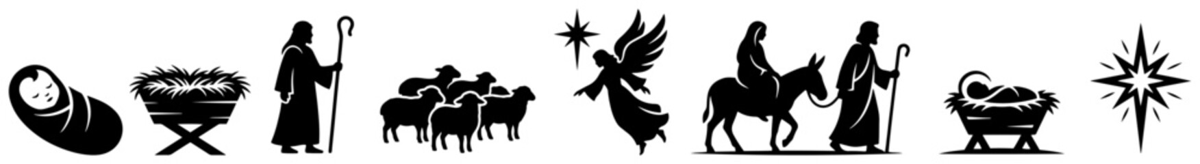 Naklejka premium Nativity scene characters and biblical Christmas icons set in black silhouette style