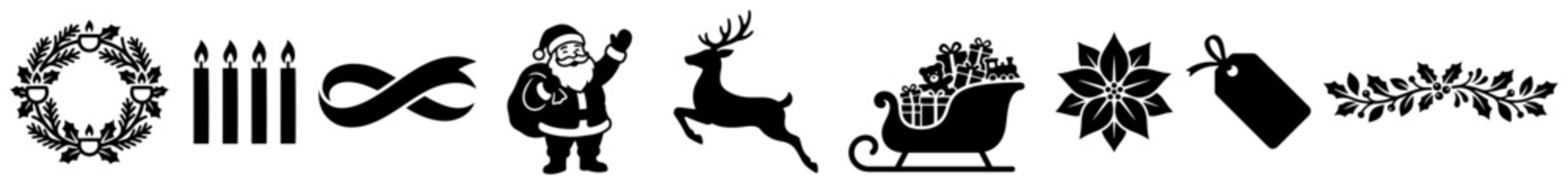 Obraz premium Christmas icons set with Santa Claus reindeer and holiday decorations in silhouette style