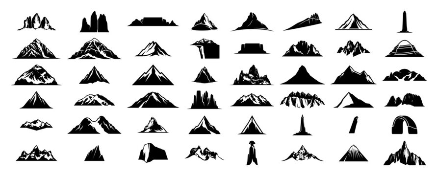 Mountain peaks and range silhouettes collection featuring various landforms in flat style