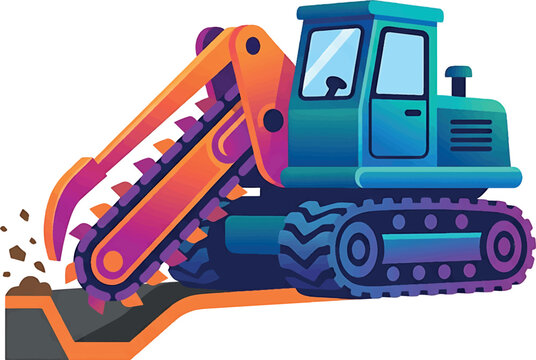 Colorful cartoon illustration of a heavy duty trencher machine digging a trench in the ground.