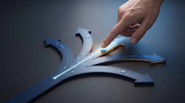 Strategic decision making and technology roadmap concept shown by a hand touching the glowing junction of diverging digital arrows