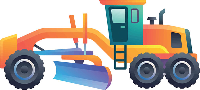 Colorful cartoon style illustration of a heavy duty motor grader construction vehicle.