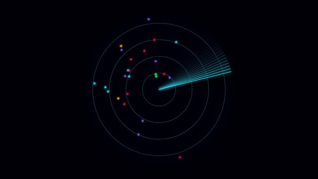 Modern abstract spiral design with colorful dots and light rays on dark background