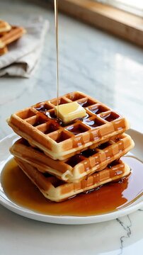 Maple syrup pouring over stack of warm waffles with butter