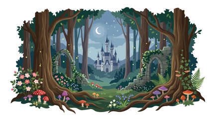 Obraz premium Mystical Enchanted Forest with Hidden Fantasy Castle Ancient Trees Mushrooms Ivy Ruins and Magical Fireflies, Watercolor Vector Illustration