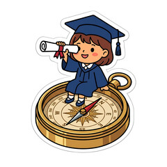 Fototapeta premium Cute Chibi Girl Graduate Sitting on Giant Brass Compass