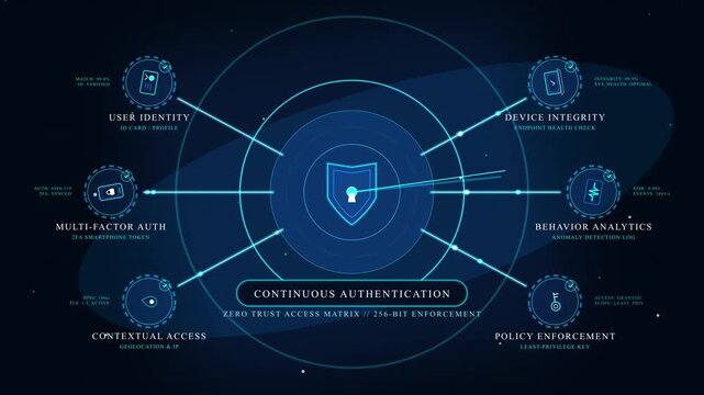 Zero Trust Cybersecurity Infographic Animation, Continuous Authentication HUD Interface, Network Data Protection and Access Management Loop
