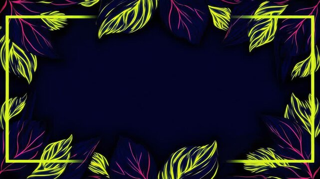 Dark background framed with glowing yellow neon rectangular border surrounded by lime green and magenta line art foliage
