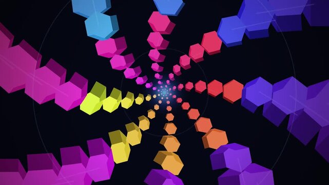 Vibrant colorful geometric shapes tunnel.