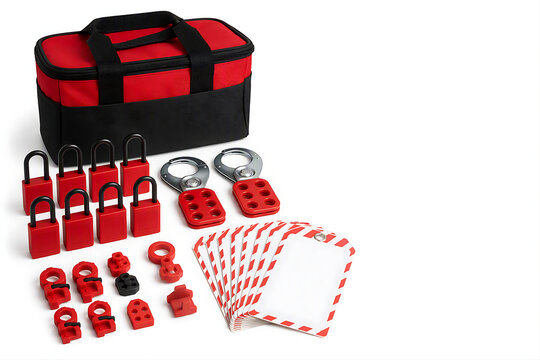 Industrial lockout tagout safety kit isolated on white background, red padlocks and hasps with blank tags, energy isolation equipment for workplace safety compliance