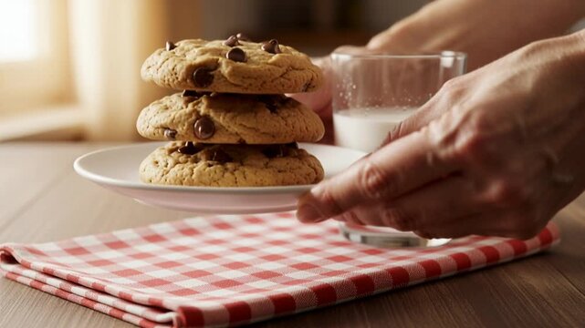 Stack of Chocolate Chip Cookies with a Glass of Milk on a Wooden Table