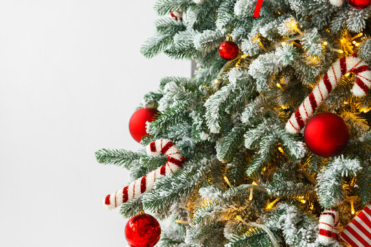 Snowy, frosted Christmas tree branches decorated with red and white ornaments with lights on white background, copy space. Festive atmosphere of winter holidays and celebrations. Wallpaper, backdrop